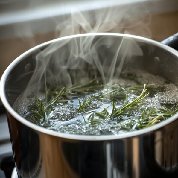 Boiling rosemary water for hair growth in a pot