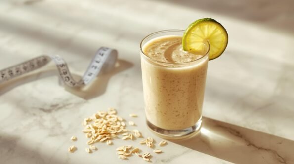 Viral Oatzempic recipe for weight loss drink in a glass with lime and rolled oats