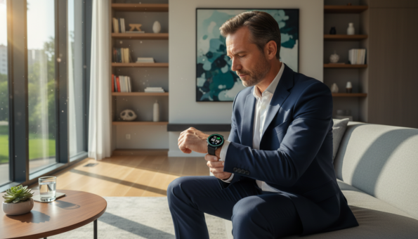 Man checking blood pressure with Omron HeartGuide