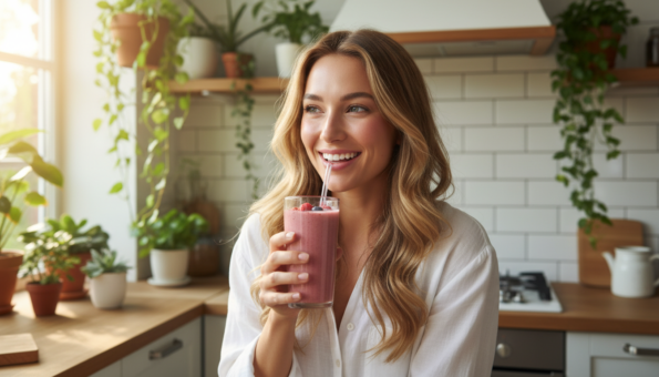 Woman drinking berry collagen smoothie for skin