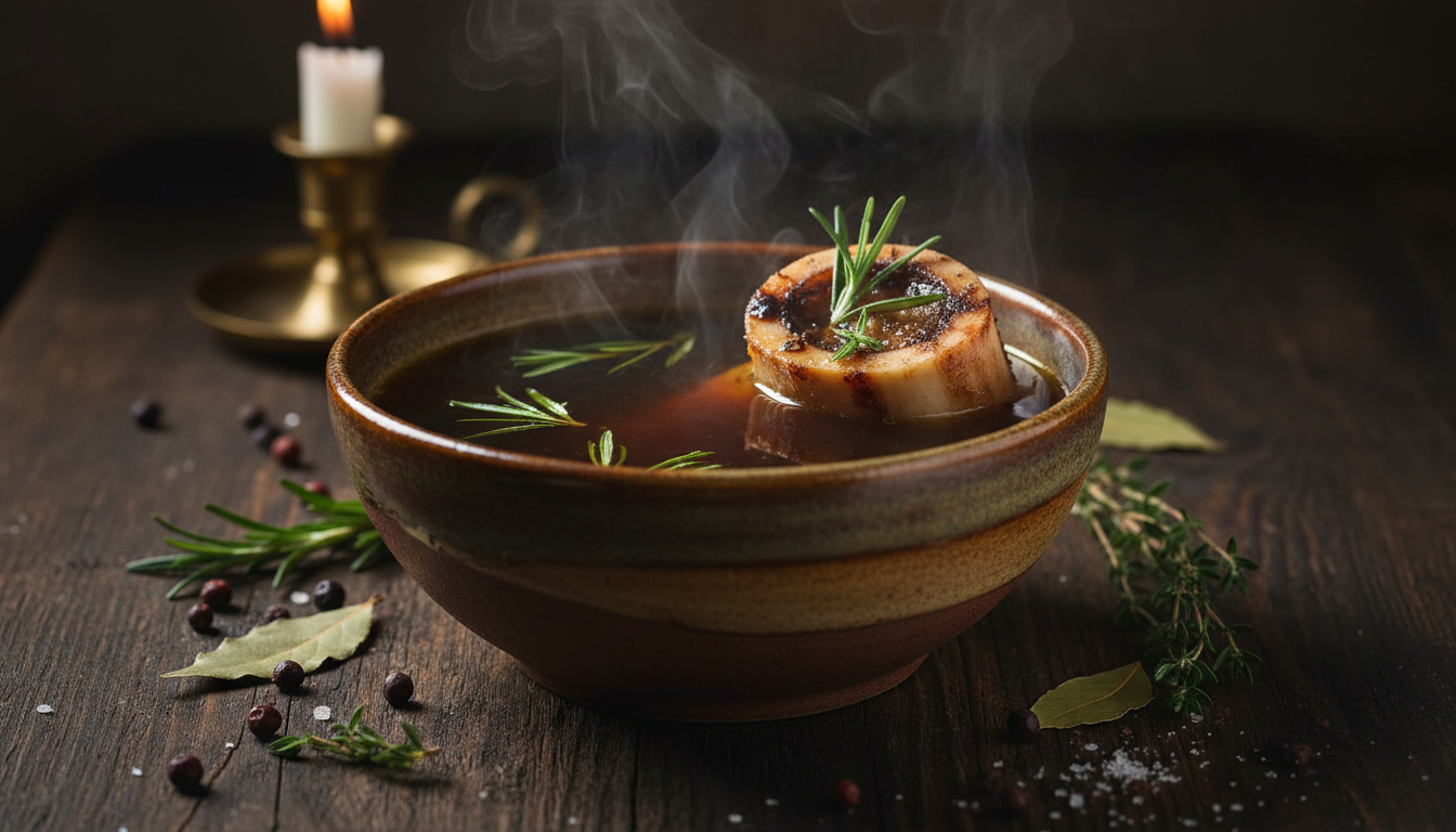 Bone broth benefits bowl with herbs and collagen