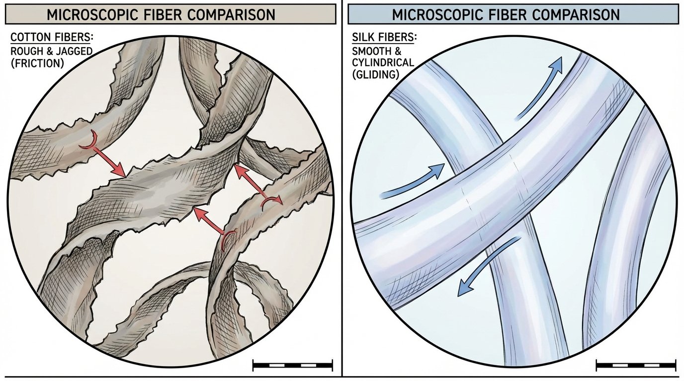 Microscopic view of cotton vs silk fibers for hair friction