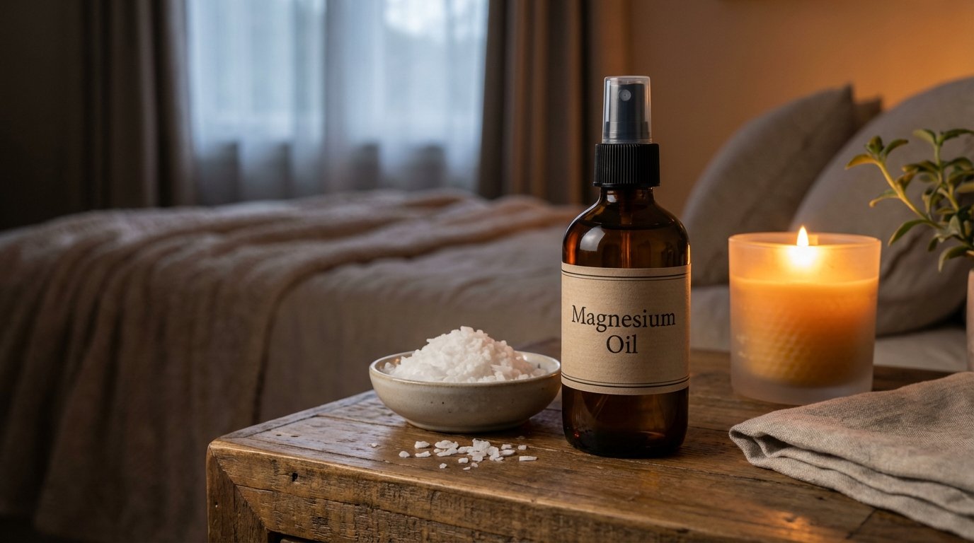 Magnesium oil spray benefits bottle and flakes