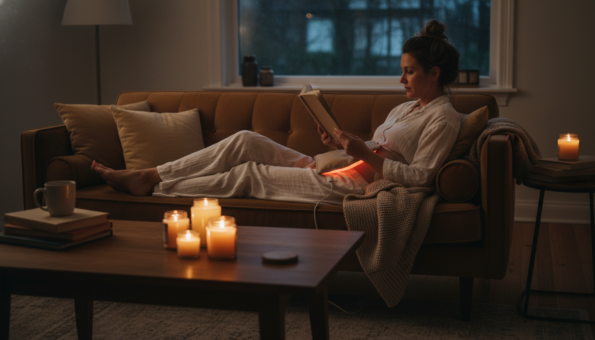 Woman relaxing with castor oil pack for detox