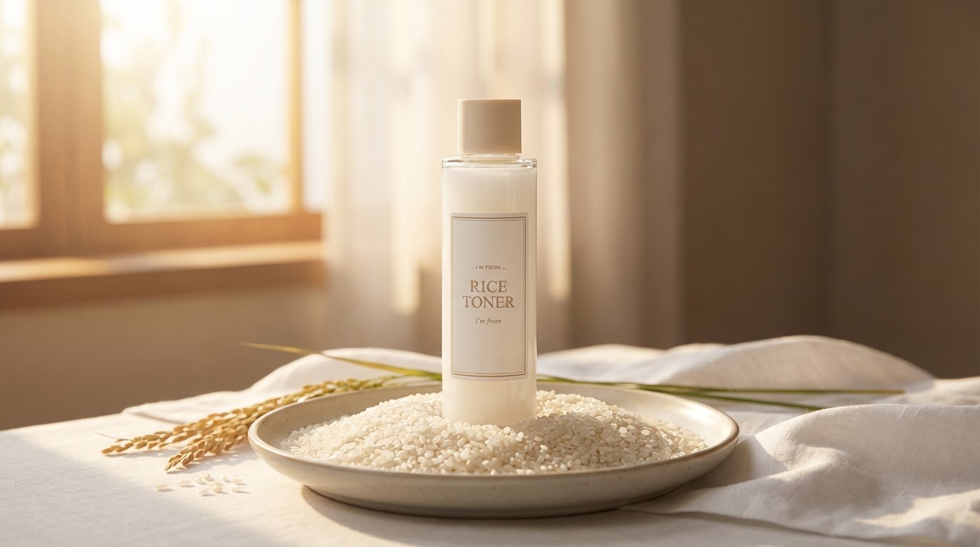 Rice toner benefits bottle and raw rice for glass skin