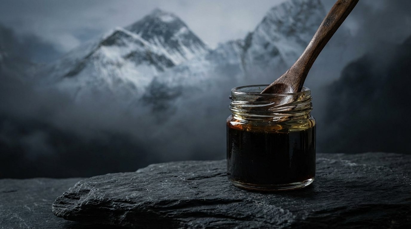 Shilajit resin benefits jar with Himalayan mountains background