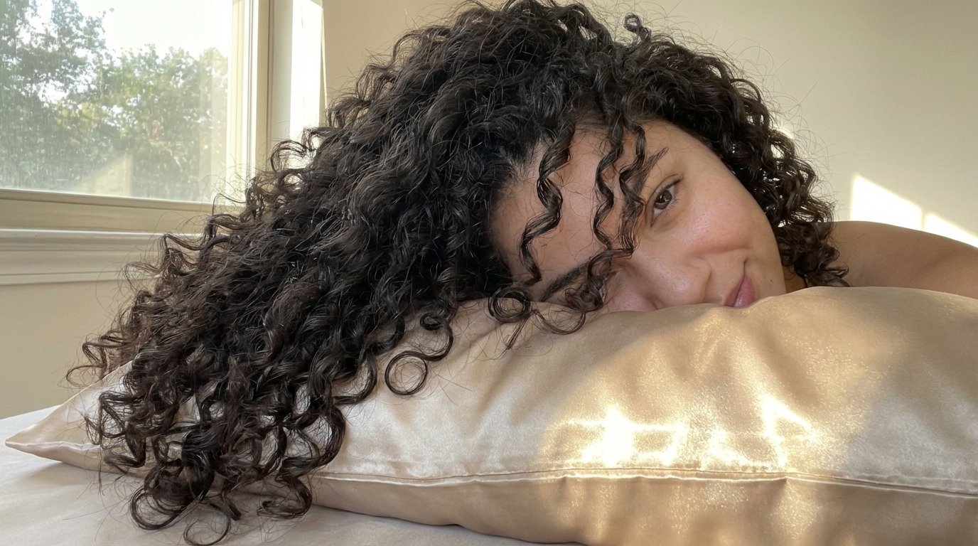 Woman with frizz-free hair sleeping on silk pillowcase