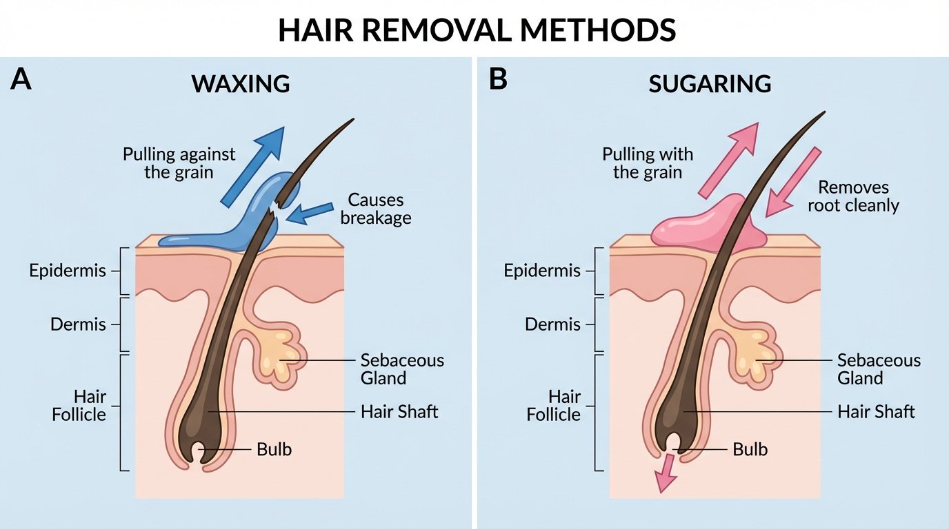 Difference in hair removal direction between sugaring vs waxing