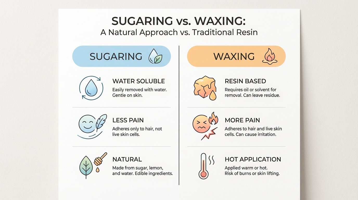 Pain and benefits chart of sugaring vs waxing