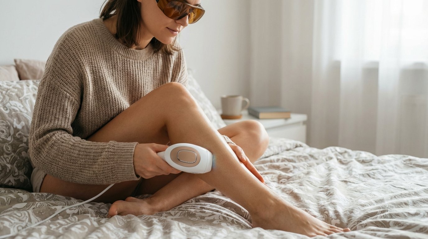 Woman using IPL hair removal at home on legs