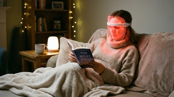Woman using LED face mask at home for wrinkles