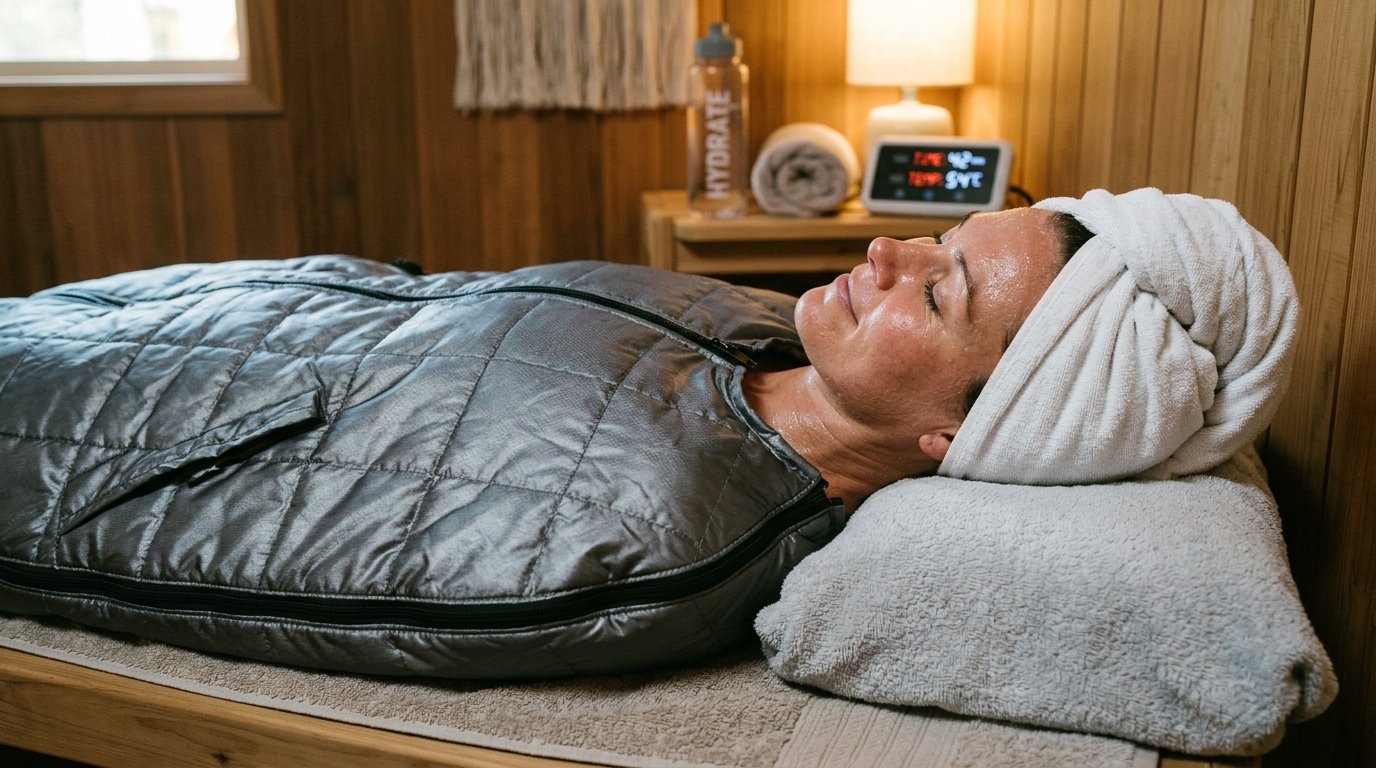 Woman using infrared sauna blanket for weight loss