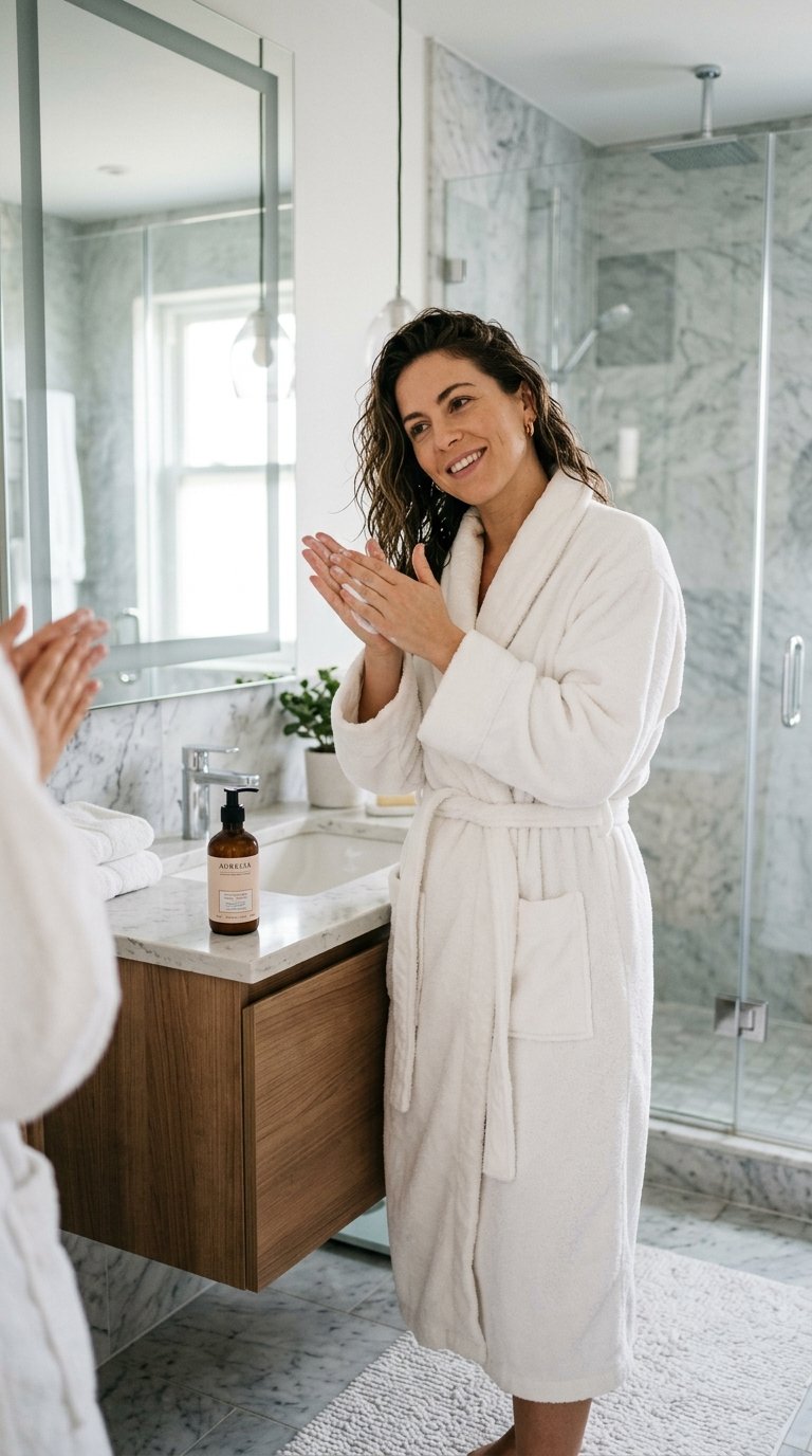 Woman applying leave in hair mask treatment after shower