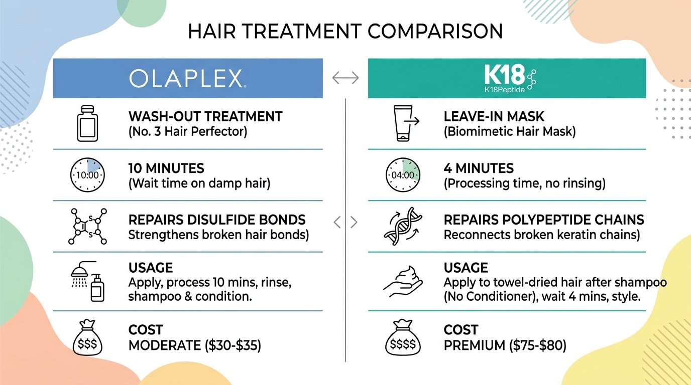 Comparison chart showing differences between K18 vs Olaplex