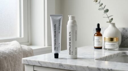 Adapalene Differin gel tube next to prescription Tretinoin cream tube on marble counter