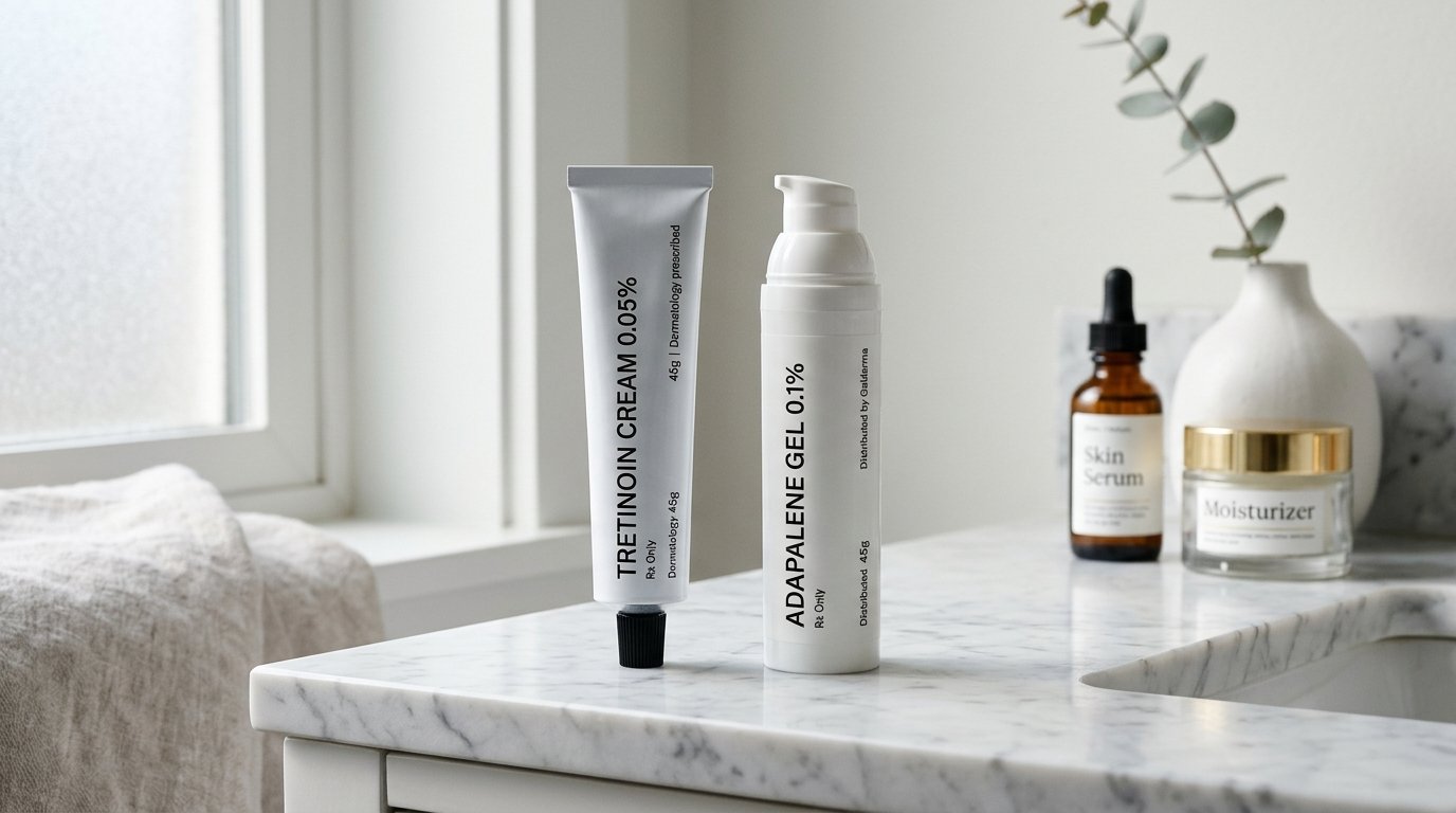 Adapalene Differin gel tube next to prescription Tretinoin cream tube on marble counter
