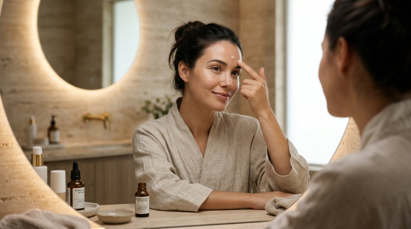 Woman applying pea sized dot of retinoid gel to forehead in front of vanity mirror