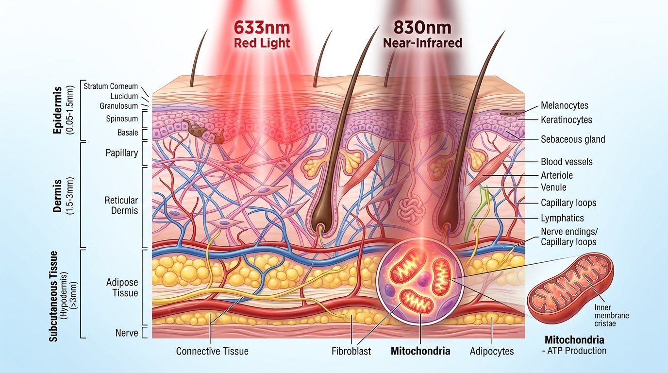 Dermatological cross section diagram of red light 633nm and near infrared 830nm penetrating skin layers to mitochondria