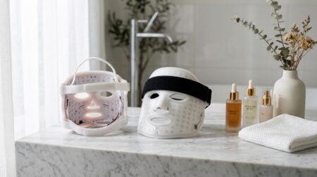 Omnilux vs CurrentBody LED face mask comparison side by side on marble vanity table