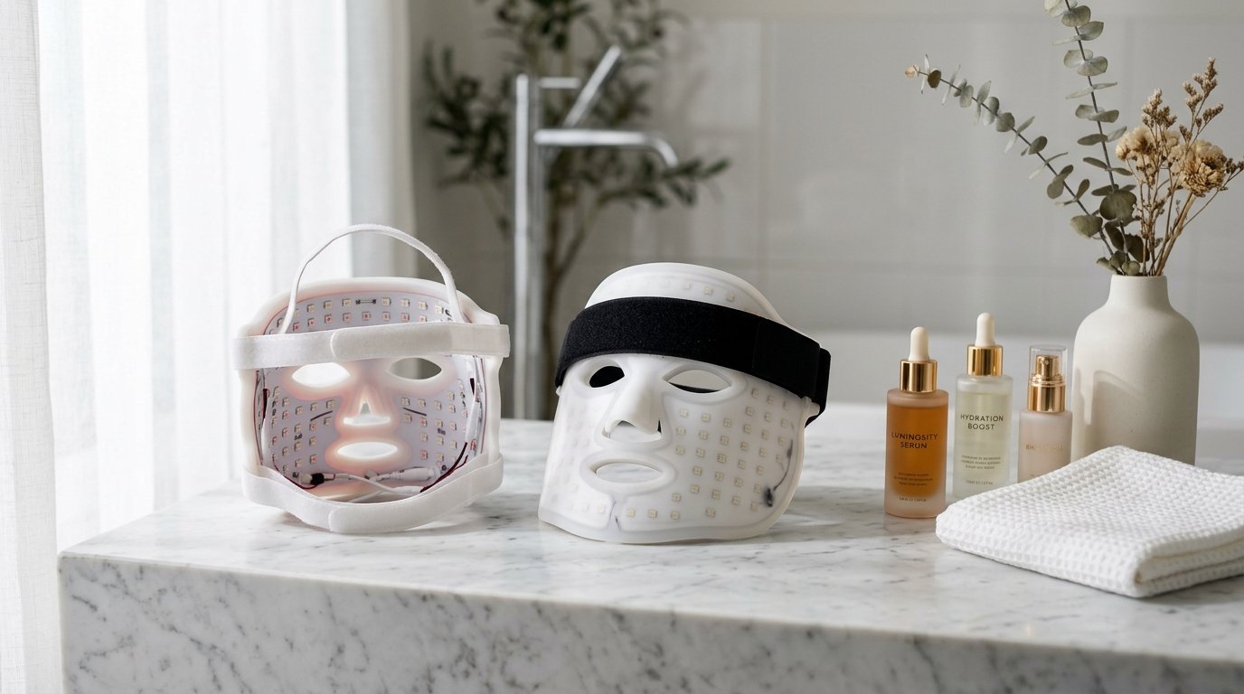 Omnilux vs CurrentBody LED face mask comparison side by side on marble vanity table