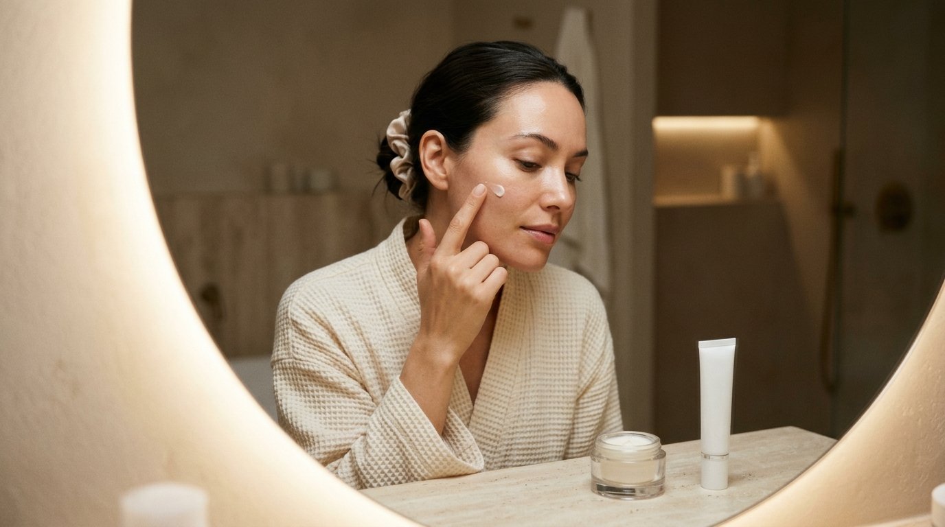 Woman applying pea-sized retinoid cream using the dermatologist sandwich method to prevent skin irritation