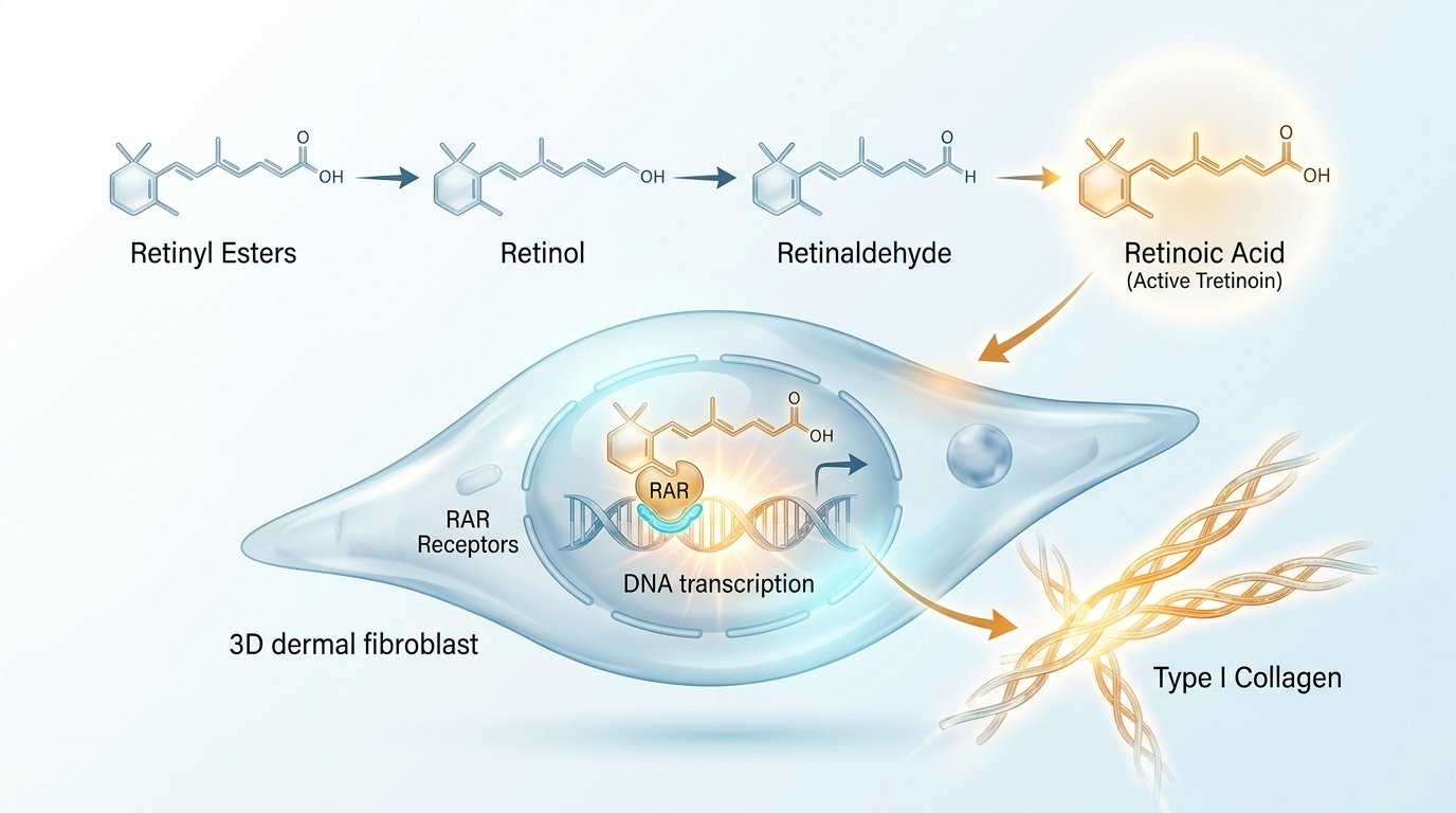Retinoid conversion pathway scientific diagram showing retinol converting to retinoic acid to bind nuclear RAR receptors