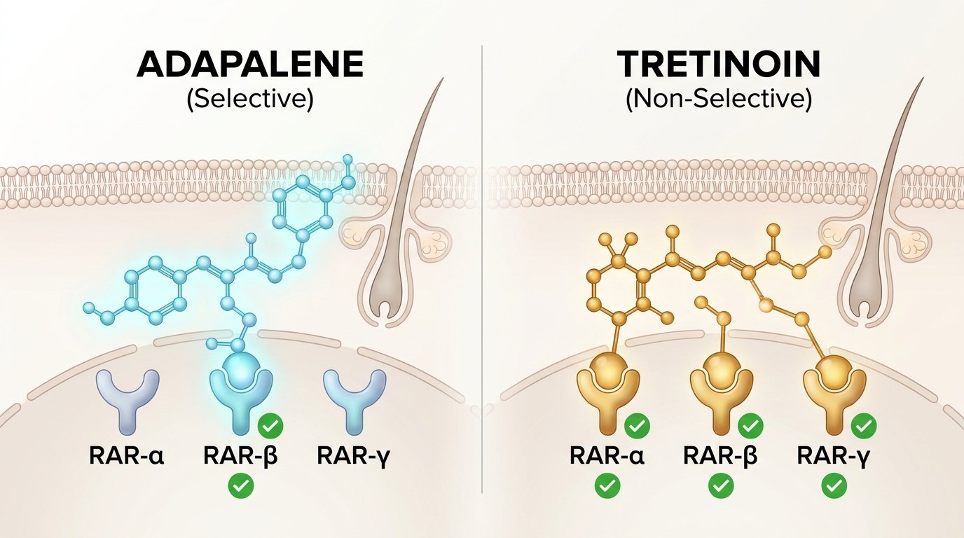 Retinoid receptor selectivity diagram showing Adapalene binding RAR-beta and gamma vs Tretinoin binding alpha, beta, and gamma