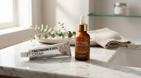 Tretinoin vs retinol comparison showing prescription cream tube and cosmetic retinol serum bottle on marble counter