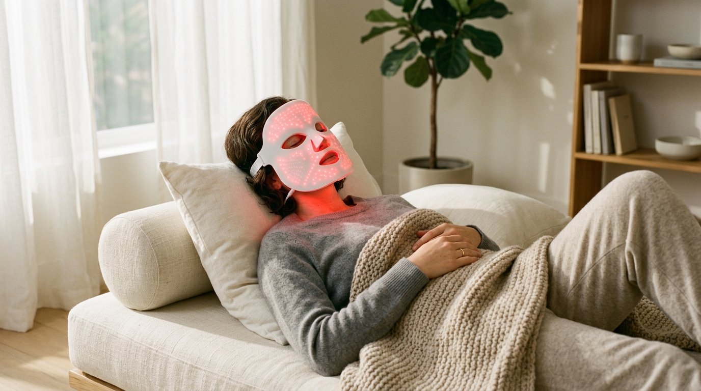 Woman relaxing at home wearing modern flexible silicone red light therapy mask